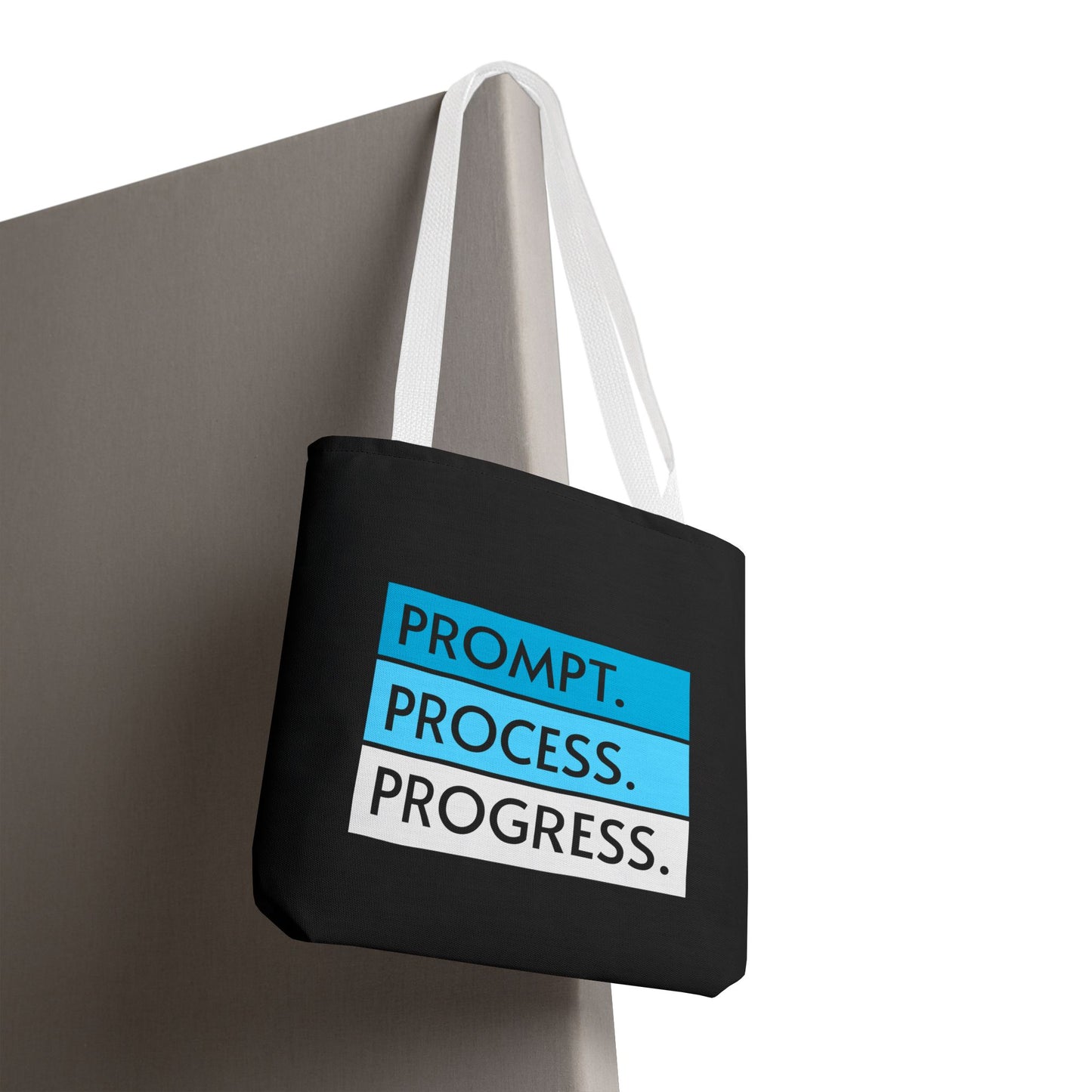 Prompt. Process. Progress. Tote Bag – Black Edition | theflowdrop collective