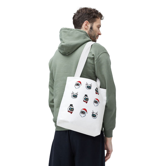 Festive AI Bots Tote Bag – White Edition | theflowdrop collective