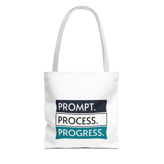 Prompt. Process. Progress. Tote Bag – White Edition | theflowdrop collective