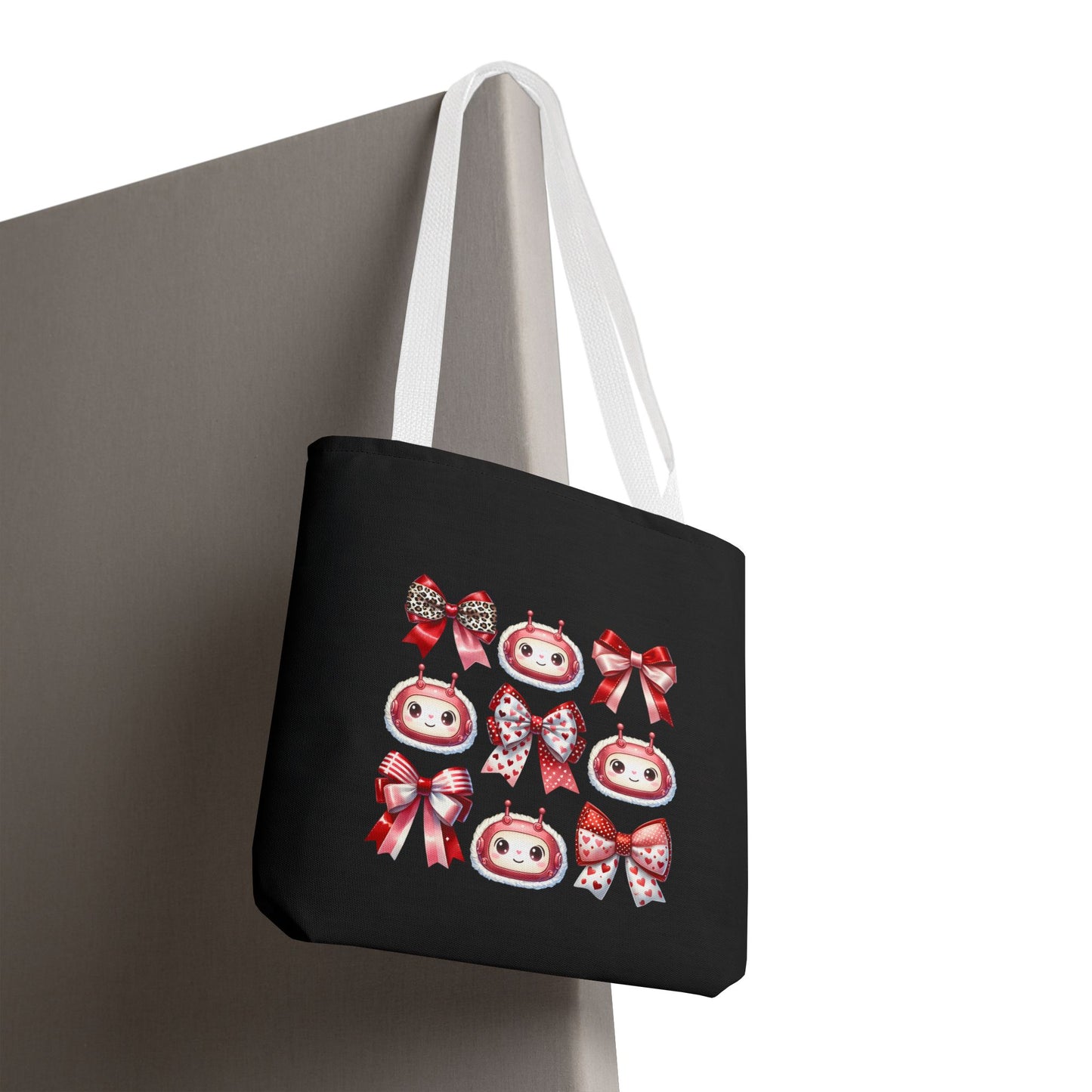 AI Valentine Tote Bag - Cute Robot & Bow Pattern